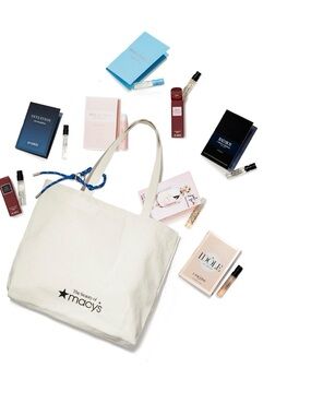 Macy's Cream Canvas Tote bag and 8 pice sampler& • Knotted Rope Bag Charm